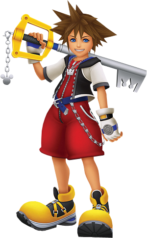 Kingdom hearts 2 sora and roxas facing back to back with the oathkeeper  keyblade in the middle