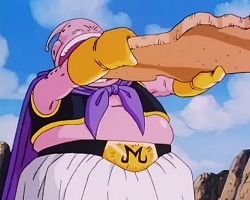 Majin Boo Magro transforma o Majin Boo Gordo em uma barra de chocolate