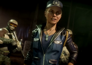 Sonya Blade in Mortal Kombat 11, featuring two Special Forces soldiers