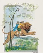 ""That ride was perhaps the most wonderful thing that happened to them in Narnia. Have you ever had a gallop on a horse? Think of that; and then take away the heavy noise of the hoofs and the jingle of the bits and imagine instead the almost noiseless padding of the great paws. Then imagine instead of the black or gray or chestnut back of the horse the soft roughness of golden fur, and the mane flying back in the wind. And then imagine you are going about twice as fast as the fastest racehorse. But this is a mount that doesn’t need to be guided and never grows tired. He rushes on and on, never missing his footing, never hesitating, threading his way with perfect skill between tree trunks, jumping over bush and briar and the smaller streams, wading the larger, swimming the largest of all. And you are riding not on a road nor in a park nor even on the downs, but right across Narnia, in spring, down solemn avenues of beech and across sunny glades of oak, through wild orchards of snow-white cherry trees, past roaring waterfalls and mossy rocks and echoing caverns, up windy slopes alight with gorse bushes, and across the shoulders of heathery mountains and along giddy ridges and down, down, down again into wild valleys and out into acres of blue flowers."