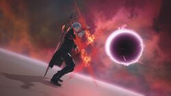 Dante from devil may cry 5 wielding rebellion in a dynamic and powerful stance