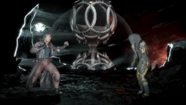 Shang Tsung restrains D'Vorah with energy chains holding each of her limbs.