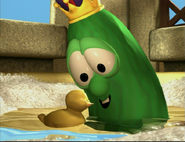 Each episode of VeggieTales tells a story, usually a parody of a well-known story. Here, we see King George and the Ducky, a story that teaches kids not to be selfish.