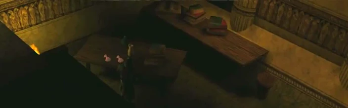 Down each of two flights of stairs, a scholar's retreat. No Tomes, though