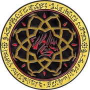 That's a digital image of a stylized circular emblem or seal. Here's a breakdown of its visual elements: Shape and Frame: The overall shape is a circle with a thick, gold outer ring. This ring contains what appears to be an inscription or a series of symbols, possibly in a fictional or stylized alphabet. The script is dark red or maroon against the gold. Central Design: Inside the gold ring is a complex, symmetrical black and gold design. It features a central, stylized motif that resembles a star or flower with pointed, angular petals. The center of this motif shows a more organic, flame-like pattern in red and black. The radiating elements from this central design are sharply defined and geometric. The overall feel could be described as occult or mystical. Color Palette: The color scheme is primarily a contrast between gold, black, and red. The deep black background makes the gold framing and the inner motifs stand out prominently, while the red accents add a potent visual touch. Texture and Style: The image is highly detailed, giving the impression of a textured surface, possibly meant to simulate metal, stone, or some other material. The stylistic choices suggest a design inspired by ancient symbols, mystical traditions, or fantasy settings. The overall effect is one of mystery and power. The combination of the geometric structure, stylized script, and chosen color palette creates a powerful and potentially symbolic image.