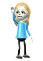 Guest E waving on the Wii Party start-up screen with a sad look on her face.