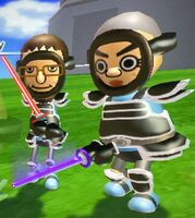 The black armored Miis of the stage: Daisuke and Boss Takashi.