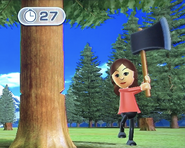 Fumiko participating in Timber Topple in Wii Party