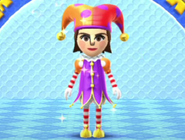 Claudia wearing a full clown outfit in Mii Fashion Plaza.