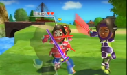 Maria (right) wearing Purple Armor in Swordplay Showdown.