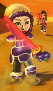 Jessie as a thick purple armored rival (with Fumiko and Shohei (in thick purple armor and gold armor respectively) close behind) in Cliffs Reverse on Swordplay Showdown.