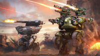 Natasha armed with dual Trebuchets and Gekkos as seen in a War Robots promotional artwork