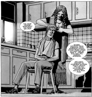 Оливия стрижёт Рика незадолго после поселения в Александрии