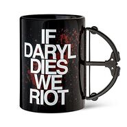 If Daryl Dies We Riot Crossbow Mug White ink over red blood spatter Metal handle is shaped like a crossbow Capacity: 15 oz Materials: Ceramic and metal