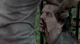 A zombified David being stabbed in the head by Glenn Rhee