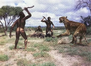 A Dinofelis being fended off by a group of Australopithecus