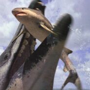 Basilosaurus grabbing a shark in mid-air.