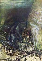 The dragon Fafner guards the gold hoard.