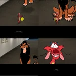 Scar from The Lion King sneaking up behind Mushu from Mulan.