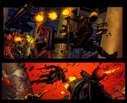 A picture of two panels from the comic, one above the other. In both panels Wesley is shooting everyone.