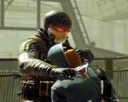 A picture of Wesley wearing the Killer Suit and slitting the throat of a Nightmare.
