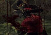 A picture of Wesley killing an enemy with a knife.