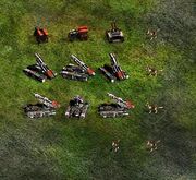 A mixed platoon of Elite Hellfires, Gatling Trucks, a Flak Tank, and Dogs.