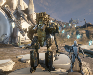 A Voidrig Necramech beside an Excalibur Warframe