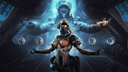 A statue of Parvos Granum in the loading screen for the Deadlock Protocol update, standing behind  Protea.