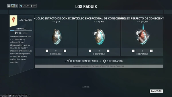 Zona para cambiar núcleos de conscientes por puntos de reputación