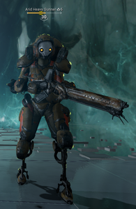 An enemy affected by a corrosive proc, the green electric like visuals can be seen, although faint