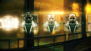 Cameo de Frohd Bek durante el tráiler The Profit (el más cercano a la derecha). También se ve un dron langosta a la derecha de Bek.