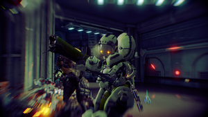 A Grineer Heavy Gunner in combat.