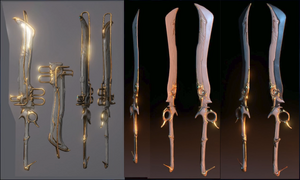 Renders of the Paracesis at various angles, with a (currently unused) scabbard to the left.