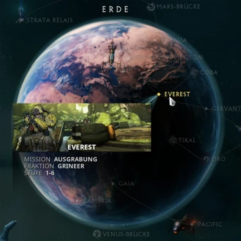 Der Missionsauswahlbildschirm für die Erde mit hervorgehobenem Missionsknoten.
