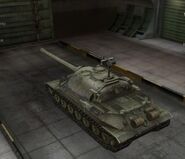 A rear left view of a IS-7 in a garage