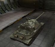 A rear right view of a IS-7 in a garage