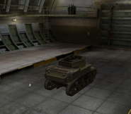 A rear right view of a M8A1 in a garage