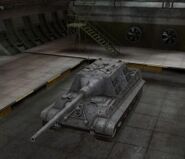 A front right view of a Jagdtiger in a garage