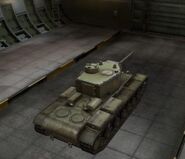 A rear left view of a KV-3 in a garage