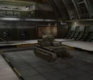 A front right view of a T2 Medium Tank in a garage