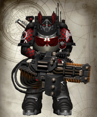 Modern Dark Angels Dreadwing Armistos consul and Knight-Lieutenant sister Mikhaela Tazawa, Deathdealing sister of the Shrouded Arsenal, assigned to the infamous Dreadwing Formation. She is clad in a set of modified Mark IX "Tarrasque" Pattern Power Armor. (Made by AutomaticAI)