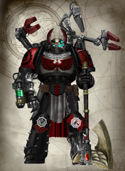 Modern Dark Angels Ironwing Forge-Wright consul sister Alana Al'Saim, "Iron Sister of the Great Furnace" assigned to the dour Ironwing Formation. She is clad in a set of modified Mark IX "Mordred" Pattern Power Armor. (Made by AutomaticAI)