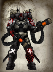 Modern Dark Angels Firewing Moritat consul brother Vortigran Wesherzein of the 1st Order, Elusive Angel of the Forested Castle, assigned to the insidious Firewing Formation. He is clad in modified Mark IX "Nephilim" Pattern Power Armor. (Made by AutomaticAI)
