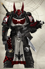 Modern Dark Angels Ravenwing Black Knight sister Amarata Katayarina of the 2nd Order, Shrouded Hunter of the Dark Castle, assigned to the elite Ravenwing Formation. She is clad in Artificer-Made Mark IX "Mordred" Pattern Power Armor and armed with a relic Terran Greatsword. (Made by Atlas Swamp King)