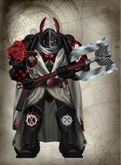 Zeraphina Rahab, Dreadbringer of the Inner Circle, current Grand Mistress of the Dreadwing of the Dark Angels Legion. She is clad in a set of modified Mark IX "Mordred" Pattern Power Armor. (Made by AutomaticAI)