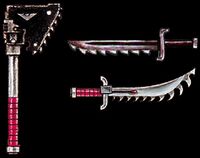 The Flesh Tearers' "Tools of Terror" -- a Chain Axe, ritual flaying knife and Chainsword.