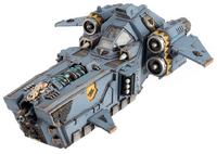 A Stormfang Gunship of the Space Wolves Chapter, front-side view