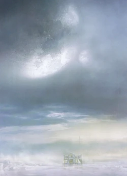 A view of the frigid surface of Betalis III with two of the planet's three moons visible in the sky.