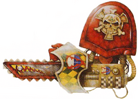 An archaic Terminator Chainfist of the Blood Angels Chapter